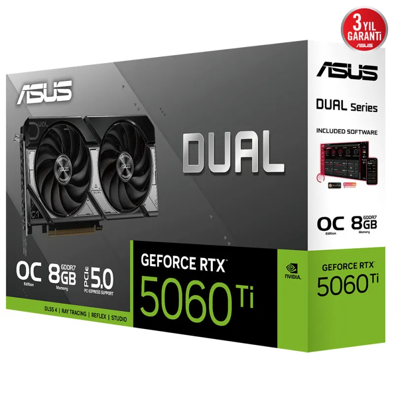 Asus DUAL GeForce RTX 5060 TI OC 8GB DUAL-RTX5060TI-O8G GDDR7 128Bit DX12 DLSS 4 Gaming (Oyuncu) Ekran Kartı